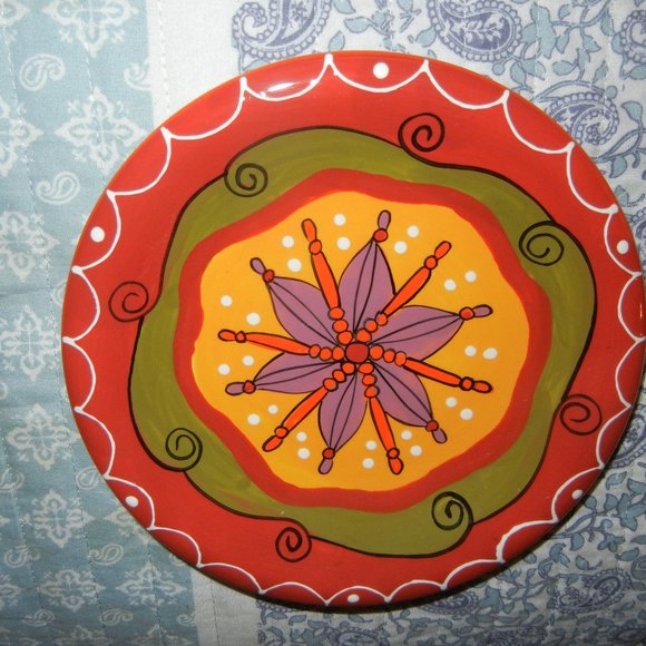 4 Pier 1 Hand Painted Stoneware Plate Swirls & Flower Earthtones - Picture 3 of 6